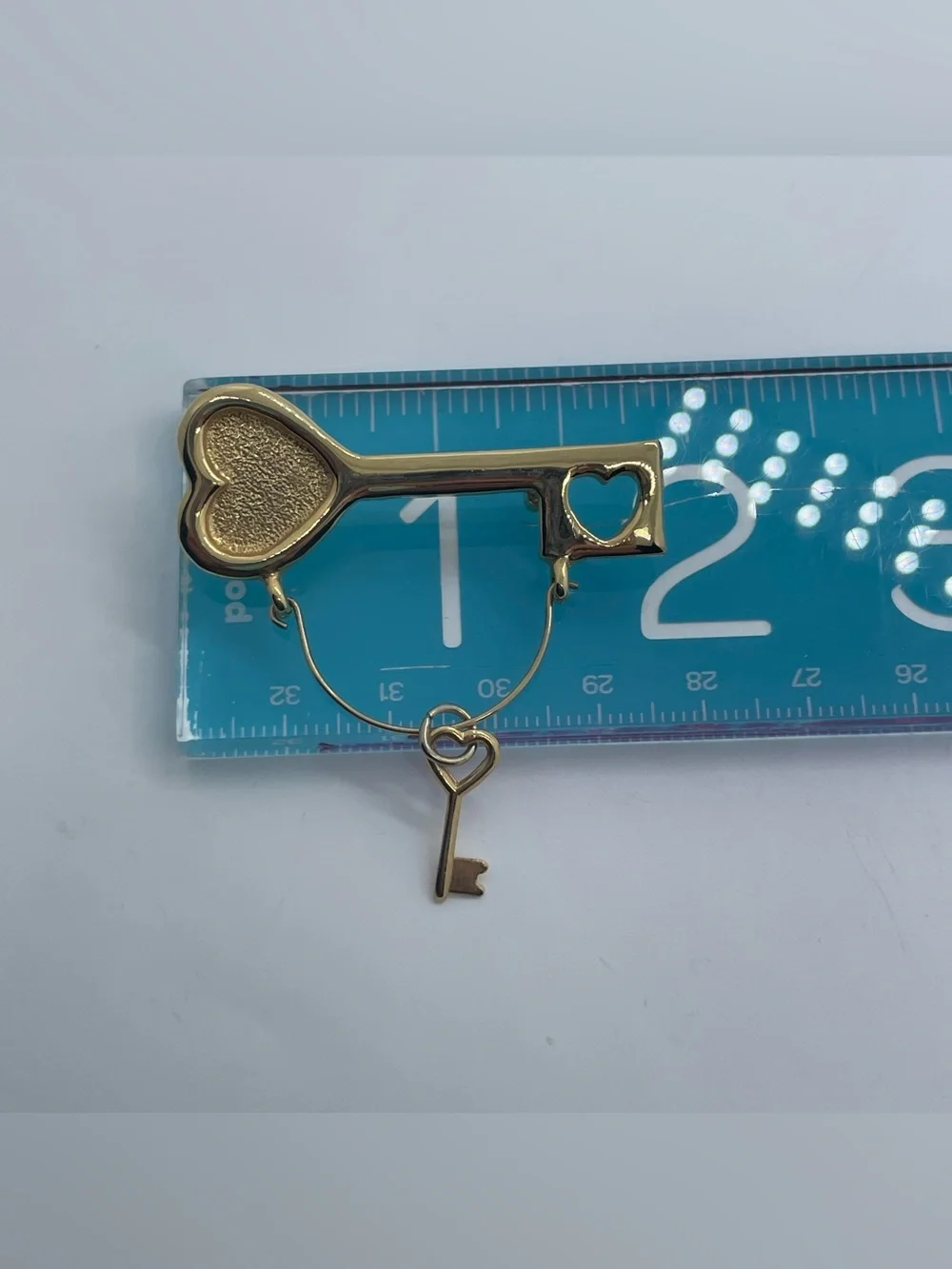 Gold Tone Heart Key Charm Brooch